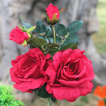 2 Large Stems Red Silk Open Rose Flower  in Clear Glass Vase