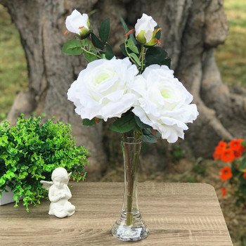  2 Large Stems White Silk Open Rose Flower  in Clear Glass Vase