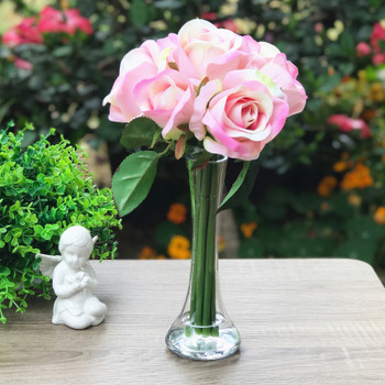 7 Stems Pink Velet Roses Flower in Clear Glass Vase 