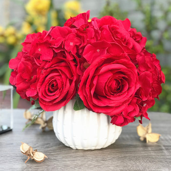 Red Artificial Open Rose and Hydrangea Flower Arrangement With White  Ceramic Vase