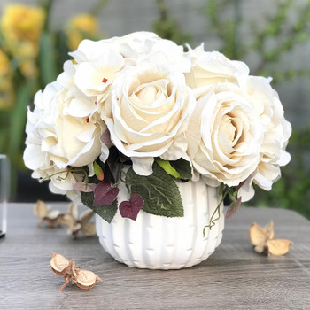 Champagne Artificial Open Rose and Hydrangea Flower Arrangement With White  Ceramic Vase