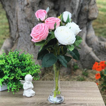 Pink and White Natural Touch Roses Flower in Clear Glass Vase 