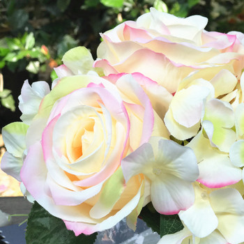 Blush Hydrangea and Rose Mixed Silk Flower in Clear Glass Vase