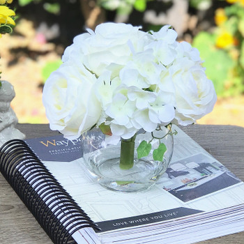 Cream Hydrangea and Rose Mixed Silk Flower in Clear Glass Vase