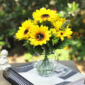  Mixed Artificial Silk Sunflower Arrangement in Clear Glass Vase