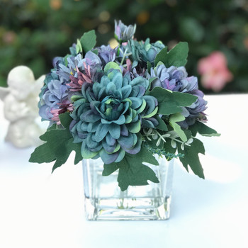 Blue Silk Daisy and Mixed Flower Arrangements in Clear Glass Vase with Acrylic Water