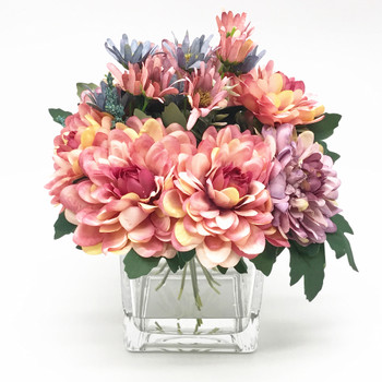 Pink and Purple Silk Daisy and Mixed Flower Arrangements in Clear Glass Vase with Acrylic Water