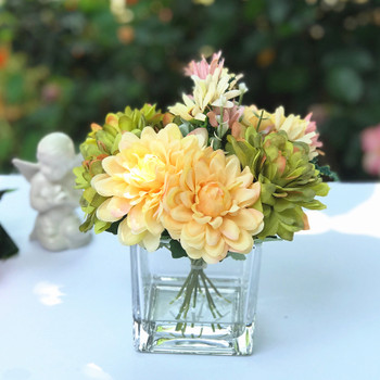 Yellow and Green Silk Daisy and Mixed Flower Arrangements in Clear Glass Vase with Acrylic Water