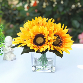 6 Heads Silk Sunflower Arrangement  in Clear Glass Vase with Faux Water