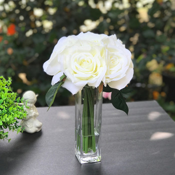 Cream Open Rose Silk Flower in Clear Glass Vase with Faux Water