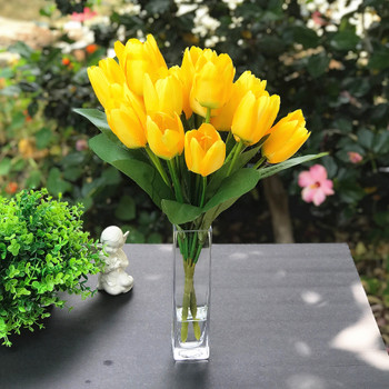  2 Bushes Yellow Silk Tulips  in Clear Glass Vase with Faux Water