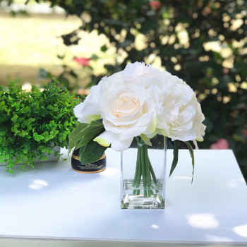 Cream Peony  Rose  and Hydrangea Mixed Faux Flower Arrangement in  Clear Glass Vase With Faux Water