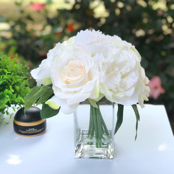 Cream Peony  Rose  and Hydrangea Mixed Faux Flower Arrangement in  Clear Glass Vase With Faux Water