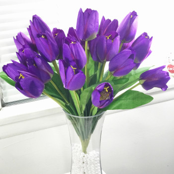 3 Pack Purple Silk Tulips Arrangement  in Clear Glass Vase with Plastic Pearl For Home Wedding Centerpiece Decoration