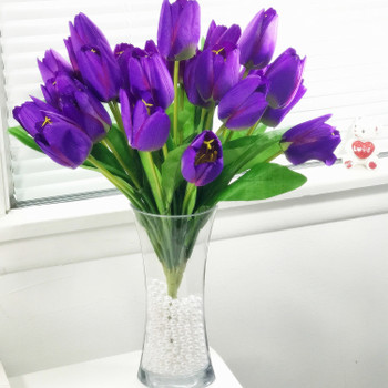 3 Pack Purple Silk Tulips Arrangement  in Clear Glass Vase with Plastic Pearl For Home Wedding Centerpiece Decoration