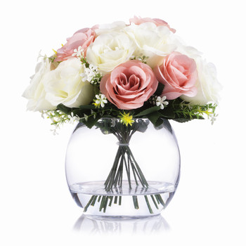 Pink and Cream Mixed Silk Open Rose Flower Arrangement  in Clear Glass Vase with Faux Water