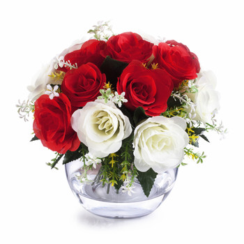 Red and Cream Mixed Silk Open Rose Flower Arrangement  in Clear Glass Vase with Faux Water
