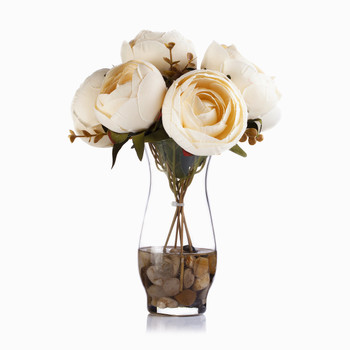 Beige 7 Heads Silk Peony  Flower Arrangement  in Clear Glass Vase with Faux Water 