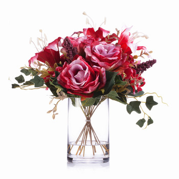 Red Mixed Rose Lily and Hydrangea Silk Flower Arrangement  in Clear Glass Vase with Faux Water 