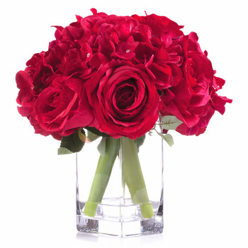 Red Mixed Rose and Hydrangea Silk Flower Arrangement  in Glass Vase with Faux Water 