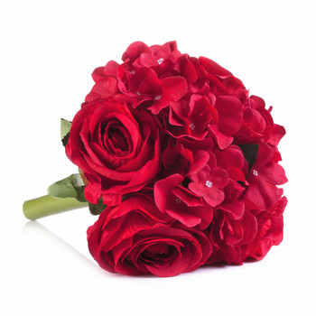 Red Mixed Rose and Hydrangea Silk Flower Arrangement  in Glass Vase with Faux Water 