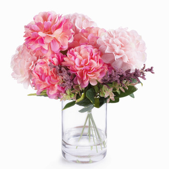  7 Heads Pink Dahlia Silk Flower Arrangement  in Glass Vase with Faux Water 