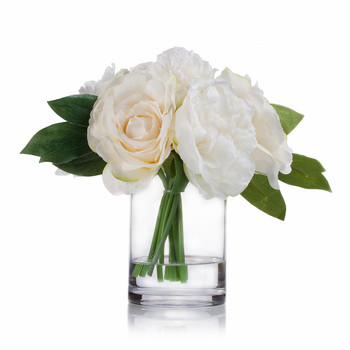 Cream Hydrangea  Rose and Peony Mixed Silk Flower in Clear Glass Vase with Acrylic Water