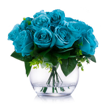 18 Heads Aqua Silk Rose  Flower Arrangement in Clear Glass Vase with Faux Water