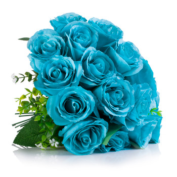 18 Heads Aqua Silk Rose  Flower Arrangement in Clear Glass Vase with Faux Water