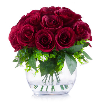 18 Heads Burgundy Silk Rose  Flower Arrangement in Clear Glass Vase with Faux Water