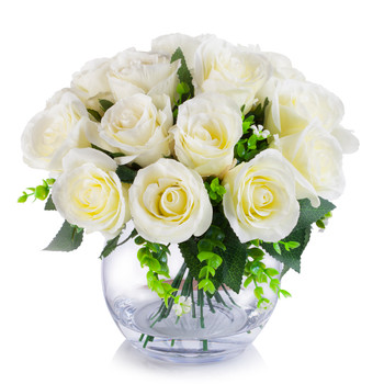 18 Heads Cream Silk Rose  Flower Arrangement in Clear Glass Vase with Faux Water