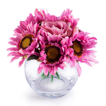 Pink Mixed Sunflower and Rose Silk Flower Arrangement in Clear Glass Vase With Faux Water