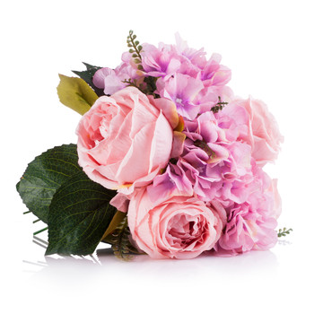 Pink Silk Hydrangea and Peony Flower Arrangement in Clear White Vase with Faux Water