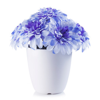 Blue Faux Dahlia Flower Arrangement in White Pot