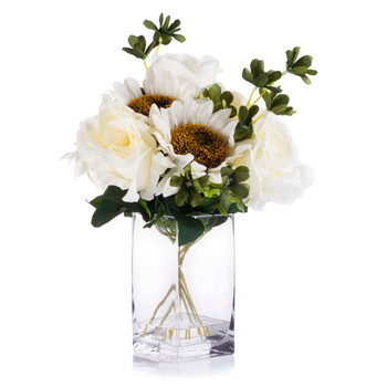 Cream Silk Rose and Sunflower Mixed Arrangement in Clear White Vase with Faux Water