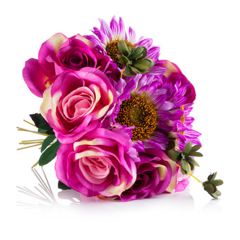 Pink and Purple Silk Rose and Sunflower Mixed Arrangement in Clear White Vase with Faux Water