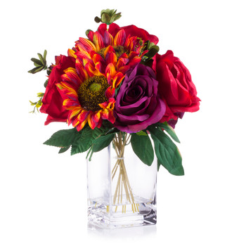 Red and Purple Silk Rose and Sunflower Mixed Arrangement in Clear White Vase with Faux Water