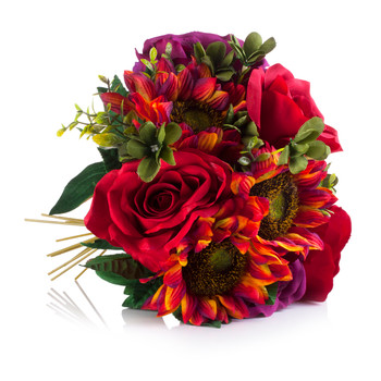 Red and Purple Silk Rose and Sunflower Mixed Arrangement in Clear White Vase with Faux Water