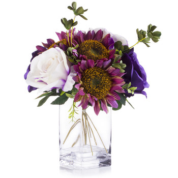 White and Purple Silk Rose and Sunflower Mixed Arrangement in Clear White Vase with Faux Water