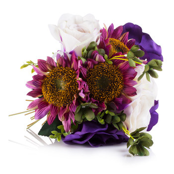 White and Purple Silk Rose and Sunflower Mixed Arrangement in Clear White Vase with Faux Water