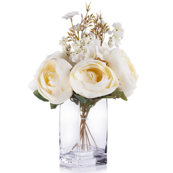 Beige Peony and Hydrangea Mixed Silk Flower  Arrangement in Clear White Vase with Faux Water