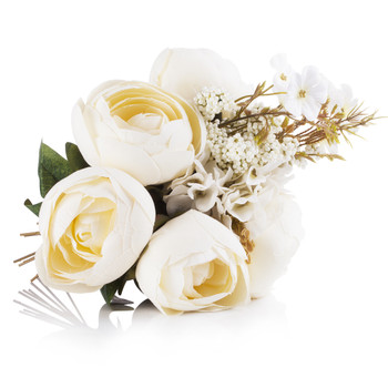 Beige Peony and Hydrangea Mixed Silk Flower  Arrangement in Clear White Vase with Faux Water