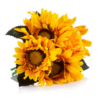 6 Heads Yellow Mixed Sunflower and Rose Silk Flower Arrangement in Clear Glass Vase With Faux Water