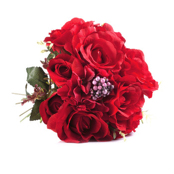 Red Mixed Rose and Hydrangea Silk Flower Arrangement  in  Glass Vase with Faux Water 