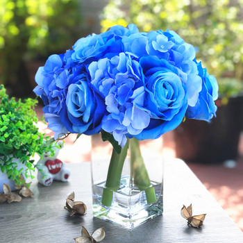 Blue Rose and Hydrangea Mixed Faux Flower Arrangement With Clear Glass Vase