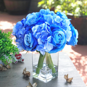 Blue Rose and Hydrangea Mixed Faux Flower Arrangement With Clear Glass Vase