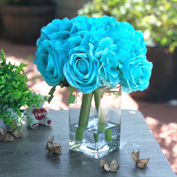 Aqua Rose and Hydrangea Mixed Faux Flower Arrangement With Clear Glass Vase