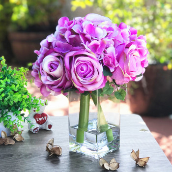 Lavender Purple Rose and Hydrangea Mixed Faux Flower Arrangement With Clear Glass Vase