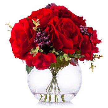 Red Rose and Hydrangea Silk Flower Arrangement  in Round Glass Vase with Faux Water 