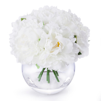 White Artificial Peony Flower Arrangement in Clear Glass Vase With Faux Water